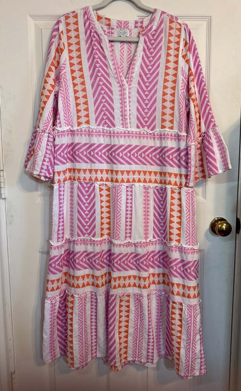 Mud Pie Mari Yarn-Dye Midi Dress Pink Geometric Tiered Split V-Neck Size Medium